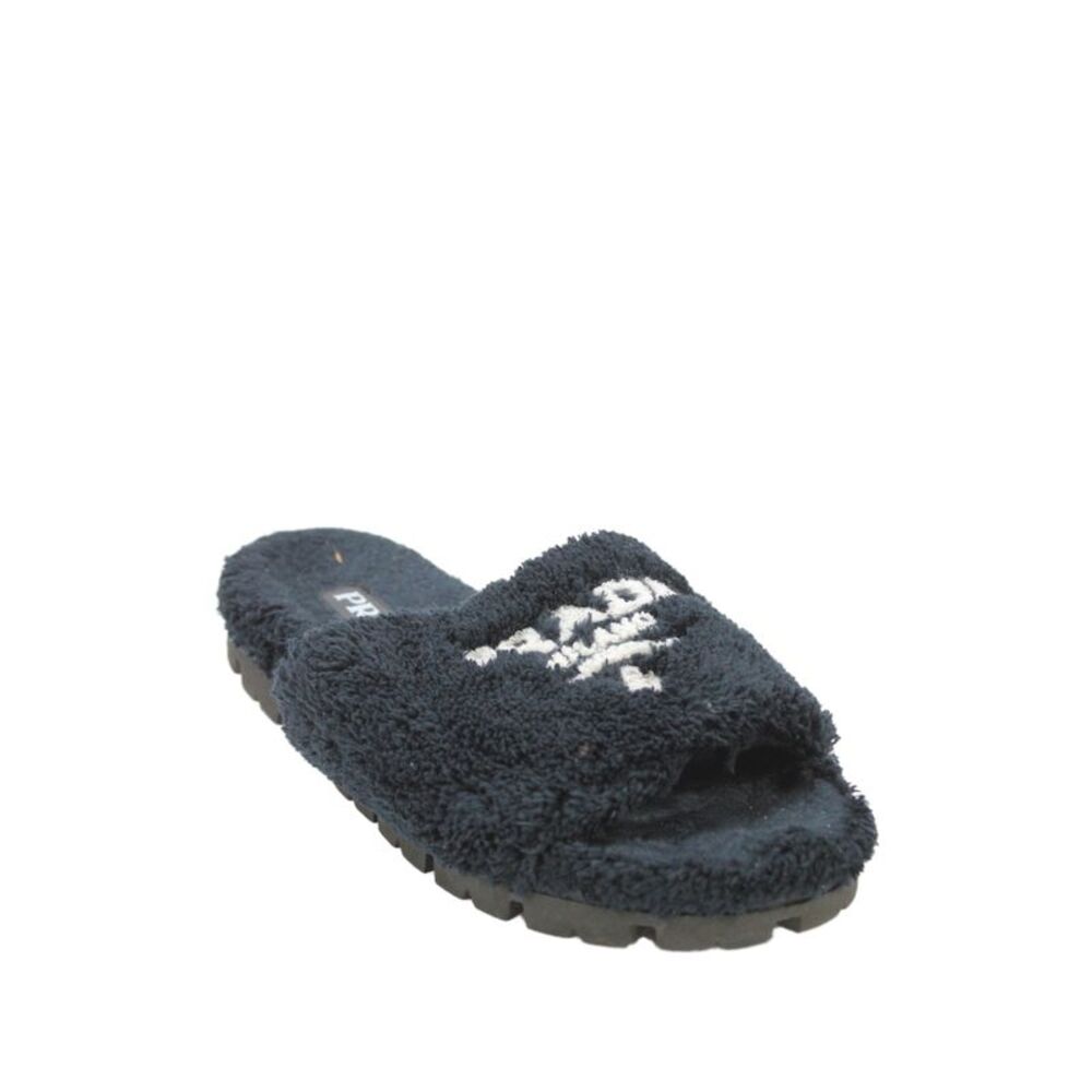Prada Womens Faux Fur Open Toe Platform Slippers Black Size EUR 39